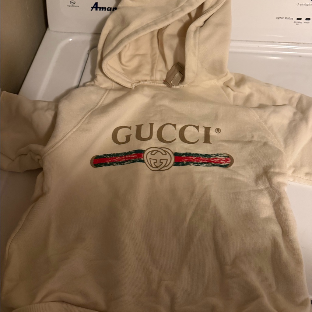 Gucci Cream Hoodie With Red & Green Stripe And Gold Logo
